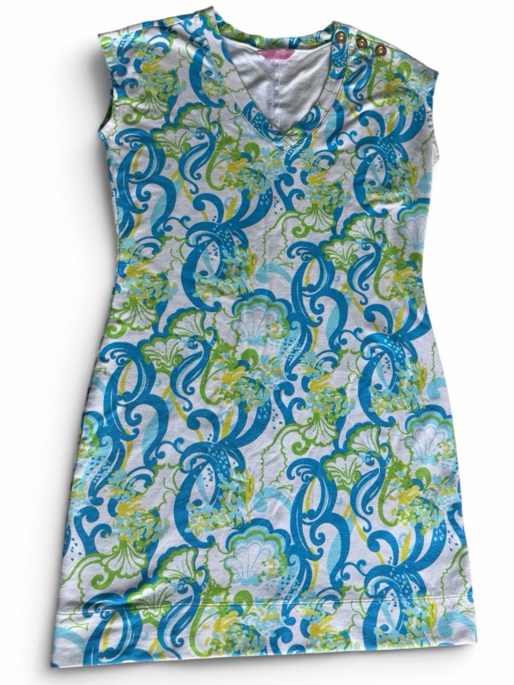 Lilly Pulitzer Blue & Green Printed V-Neck Casual Dress
